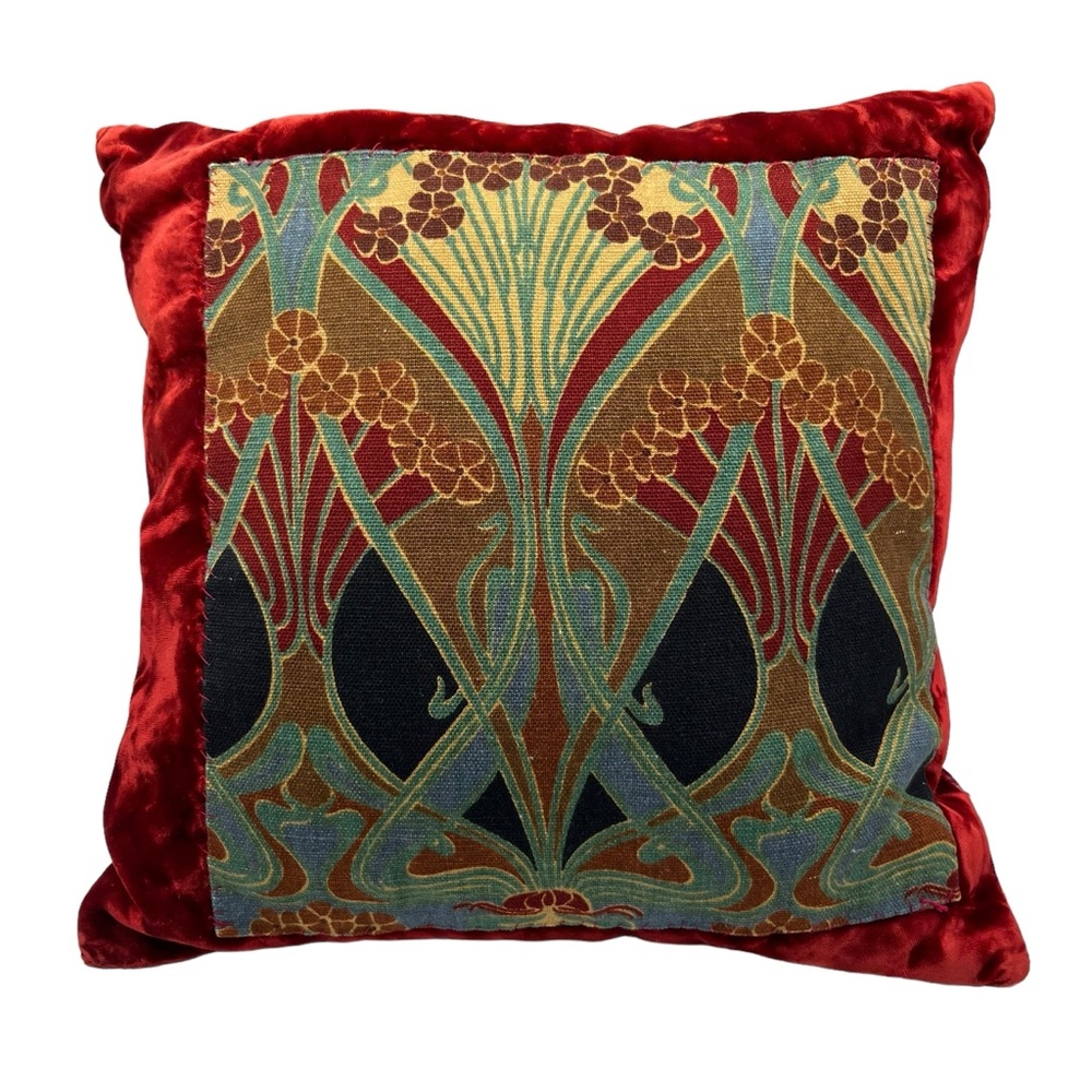 Sold! 2pc Art Nouveau Liberty Lanthe Print Red Velvet Throw Pillow Cushion
